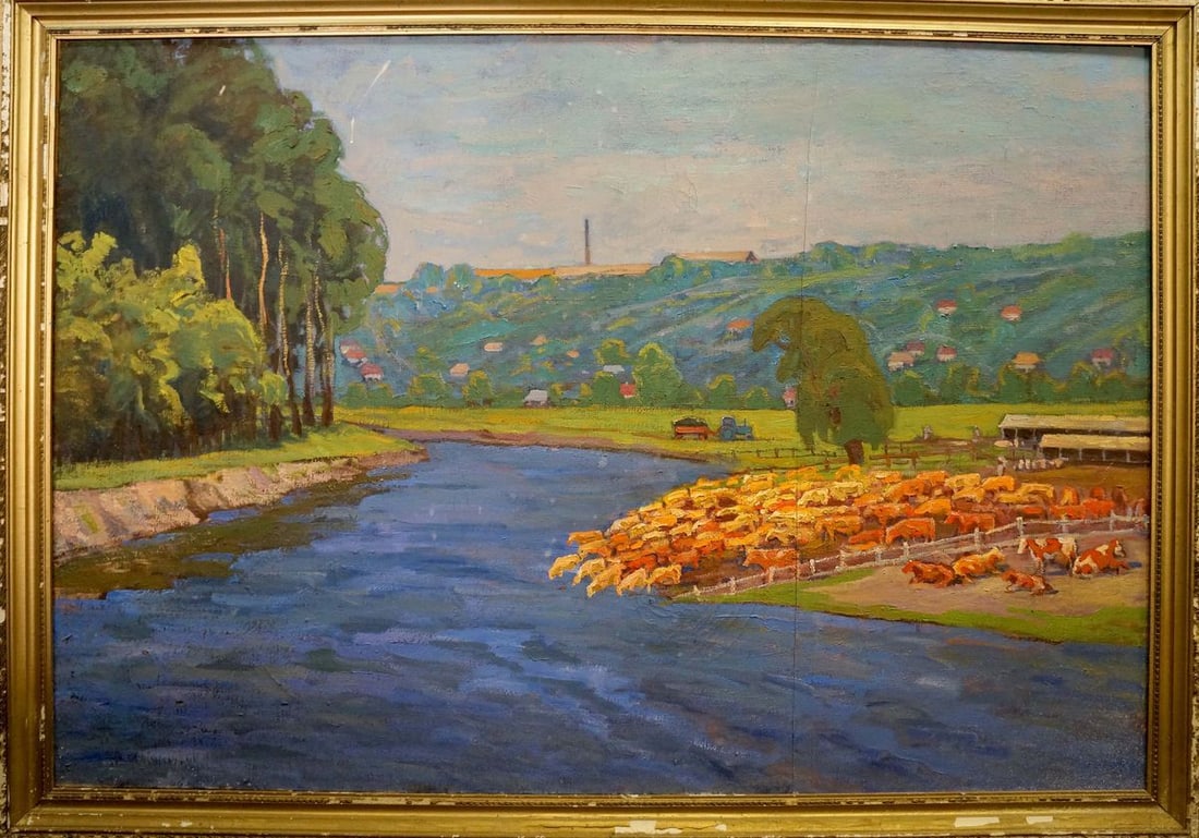 Oil painting Cows by the river: NoVerns 928 *** ABOUT THIS PAINTING *** * TITLE: "Cows by the river" * ARTISTS: Unknown artist * SIZE: 110x160 cm/'43.30x66.99 inches' * MEDIUM: oil, canvas * HAND PAINTED: Original painting from our 