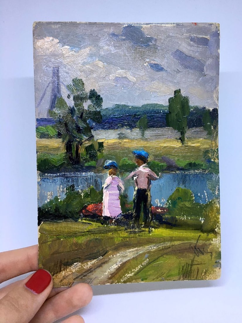 Oil painting Kids by the river Popov I. A.: NoVerns 952 *** ABOUT THIS PAINTING *** * TITLE: "Kids by the river" * ARTISTS: Popov I. A. * SIZE: 15.5x11.5 cm/'6.10x4.52 inches' * MEDIUM: oil, cardboard * HAND PAINTED: Original painting from our 