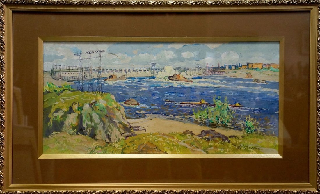 Oil painting Dam Fomin Anatoly Nikiforovich: NoVerns 980 *** ABOUT THIS PAINTING *** * TITLE: "Dam" * ARTISTS: Fomin Anatoly Nikiforovich * SIZE: 28x56 cm/'11.02x22.04 inches', frame size: 44x71 cm/'17.32x27.95 inches' * MEDIUM: oil, cardboard