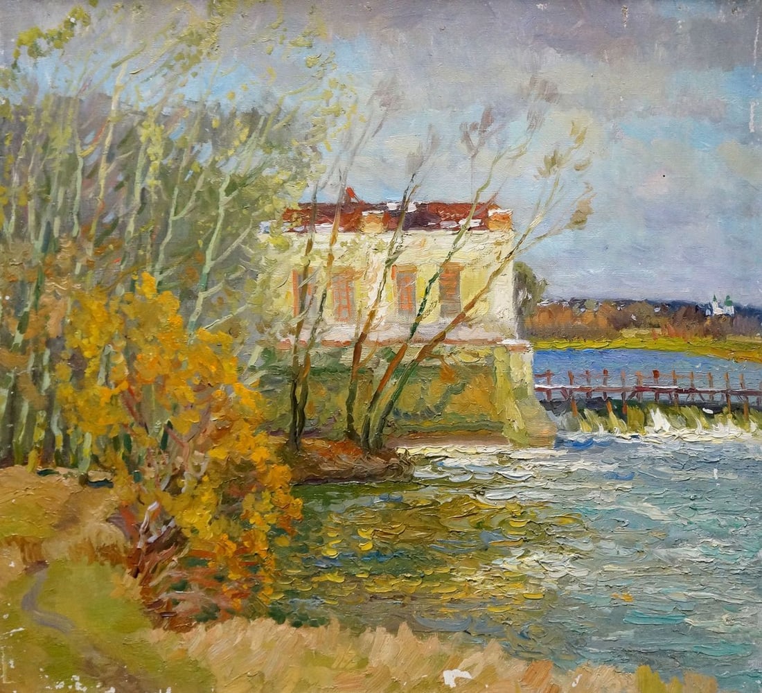 Oil painting House by the shore Minka Alexander Fedorovich: NoVerns 999 *** ABOUT THIS PAINTING *** * TITLE: "House by the shore" * ARTISTS: Mynka (Minka) Alexander Fedorovich * SIZE: 56x60 cm/'22.04x23.62 inches' * MEDIUM: oil, canvas * HAND PAINTED: Original