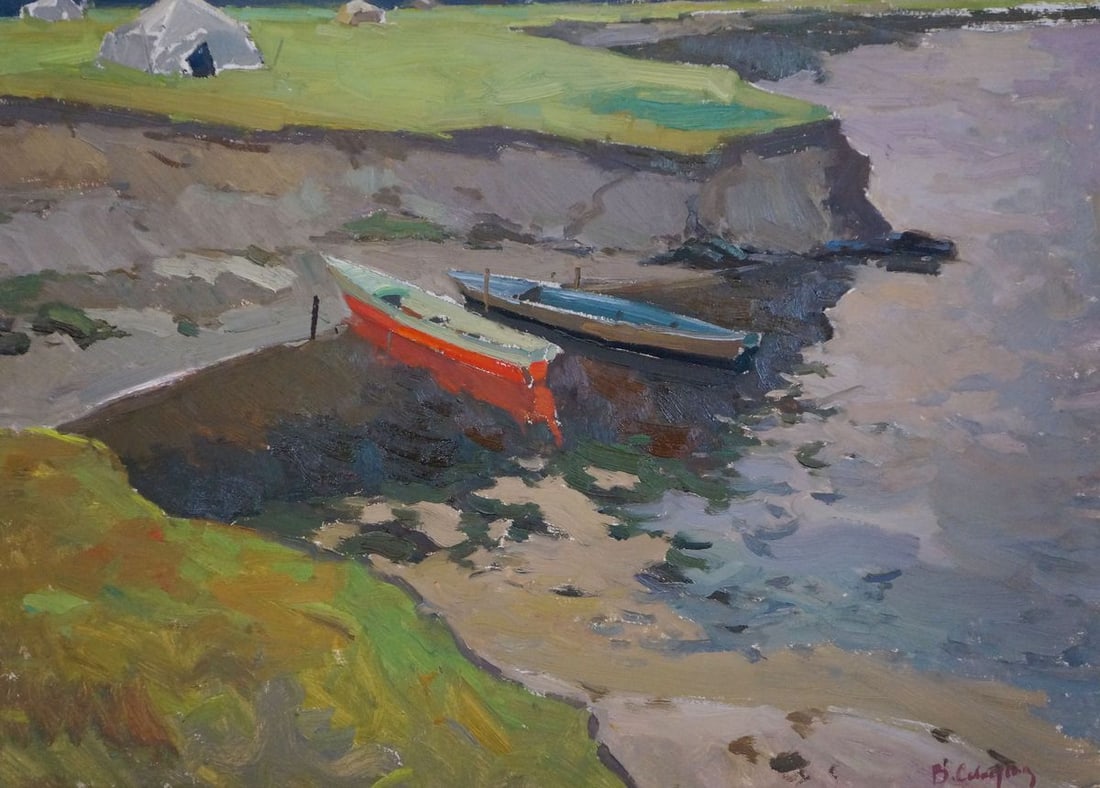 Oil painting Camp by the shore Sevastyanov Viktor Grigorievich: NoVerns 1015 *** ABOUT THIS PAINTING *** * TITLE: "Camp by the shore" * ARTISTS: Sevastyanov Viktor Grigorievich * SIZE: 50.5x70 cm/'19.88x27.55 inches' * MEDIUM: oil, cardboard * HAND PAINTED: Origin