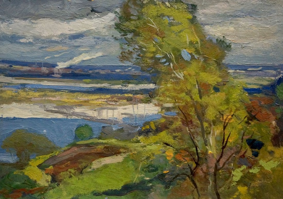 Oil painting Dnieper embankment Buryachok Nikolay Ivanovich: NoVerns 1081 *** ABOUT THIS PAINTING *** * TITLE: "Dnieper embankment" * ARTISTS: Buryachok Nikolay Ivanovich * SIZE: 26x37 cm/'10.23x14.56 inches' * MEDIUM: oil, cardboard * HAND PAINTED: Original pa