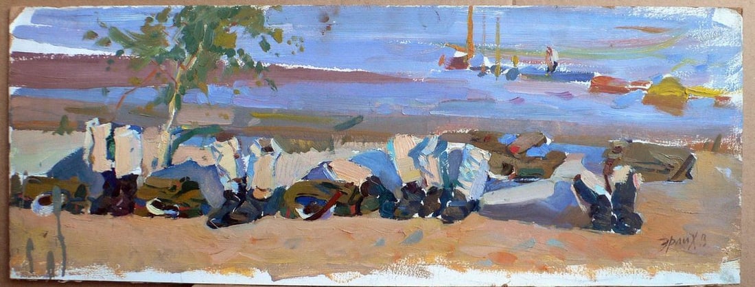 Oil painting Study on the shore Erlikh Vladimir Isaakovich: NoKork 12 *** ABOUT THIS PAINTING *** * TITLE: "Study on the shore" * ARTISTS: Erlikh Vladimir Isaakovich * SIZE: 26x70 cm/'10.23x27.55 inches' * MEDIUM: oil, cardboard * HAND PAINTED: Original painti