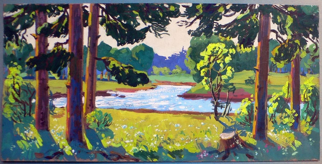 Gouache painting Forest landscape Berkut Kommunar Savelyevich: NoKork 47 *** ABOUT THIS PAINTING *** * TITLE: "Forest landscape" * ARTISTS: Berkut Kommunar Savelyevich * SIZE: 29.5x60 cm/'11.41x23.62 inches' * MEDIUM: gouache, cardboard * HAND PAINTED: Original