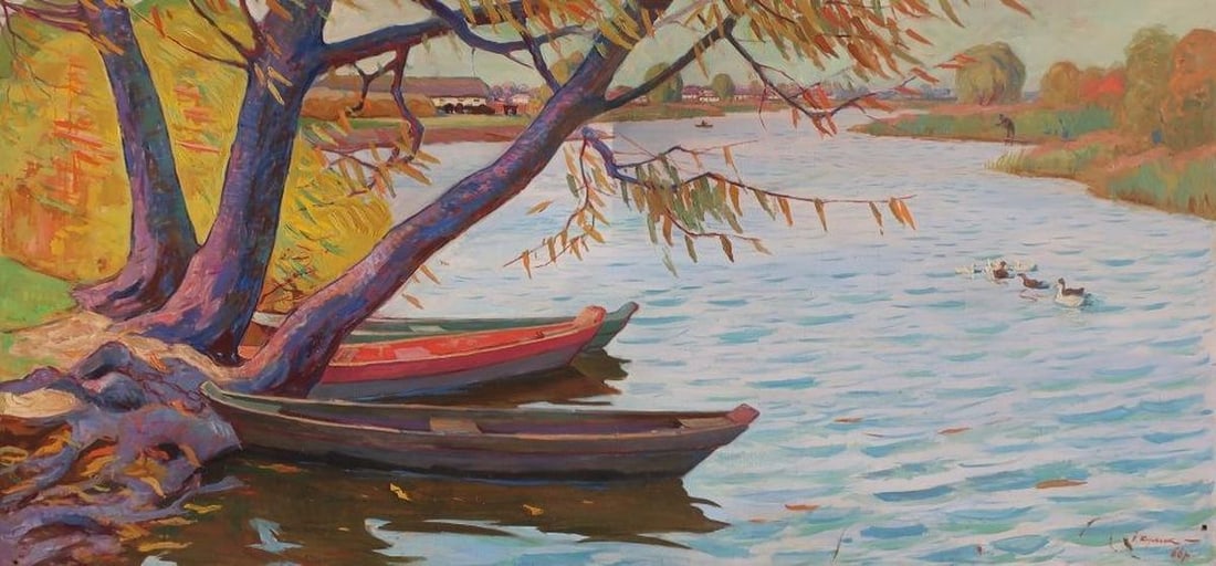 Oil painting River landscape Kulyk I.: NoPol 29 * TITLE: "River landscape" * ARTISTS: Kulyk I. * SIZE: 119x251 cm/'47x99 inches' * MEDIUM: oil, canvas * HAND PAINTED: Original painting from our collection * CONDITION: we tried to convey