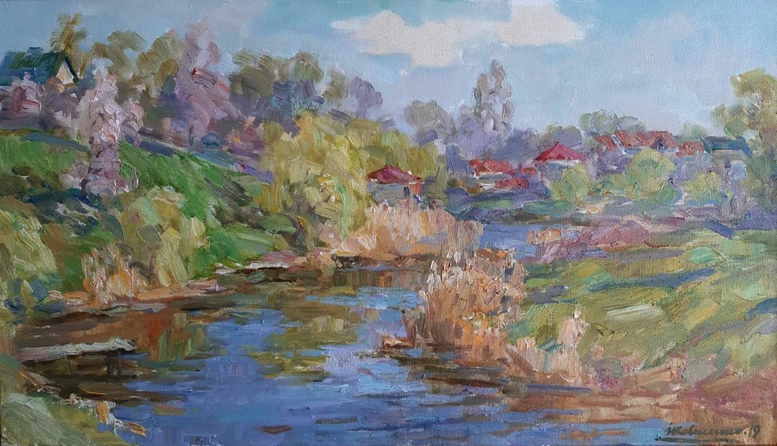 Oil painting The river flows through the city Kovalenko Ivan Mikhailovich: NoKoval 45 *** ABOUT THIS PAINTING *** * TITLE: "The river flows through the city" * ARTISTS: Kovalenko Ivan Mikhailovich * SIZE: 40x70 cm/'15.74x27.55 inches' * HAND PAINTED: Original painting from o