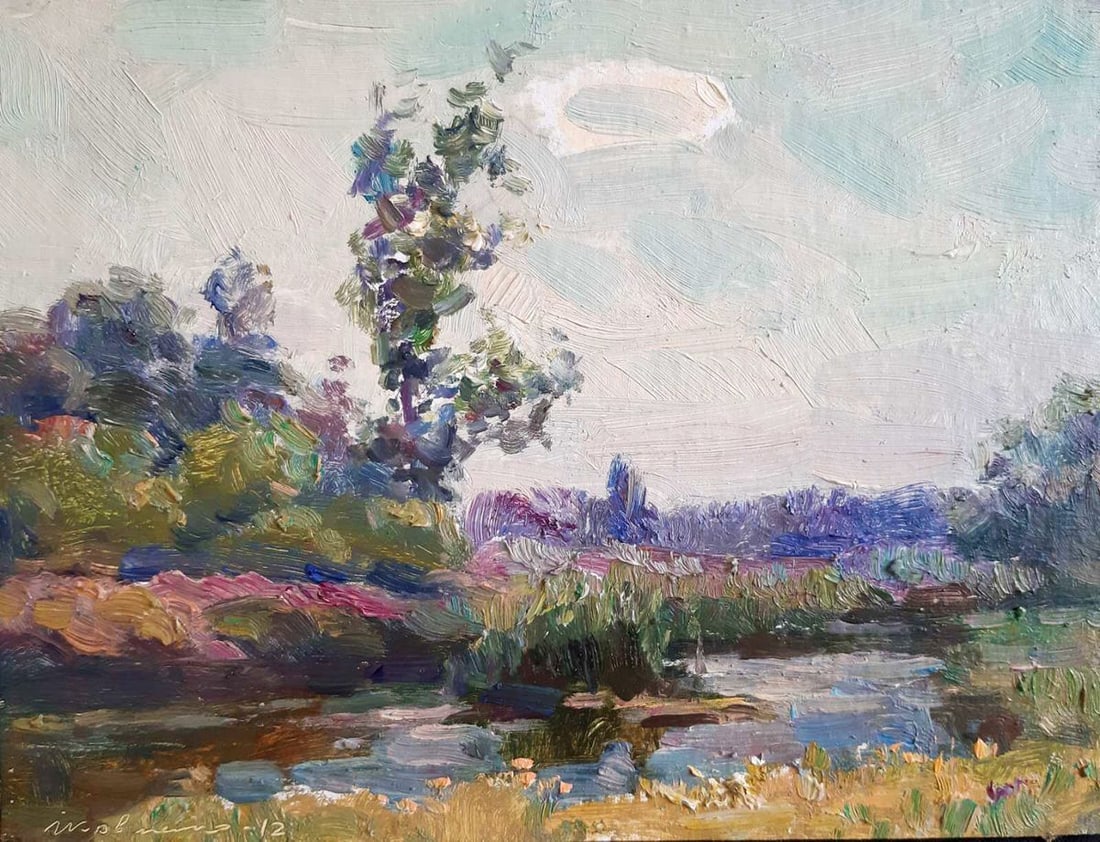 Oil painting River landscape Kovalenko Ivan Mikhailovich: NoKoval 72 *** ABOUT THIS PAINTING *** * TITLE: "River landscape" * ARTISTS: Kovalenko Ivan Mikhailovich * SIZE: 17.8x23.5 cm/'7.00x9.25 inches' * MEDIUM: oil, canvas * HAND PAINTED: Original painting