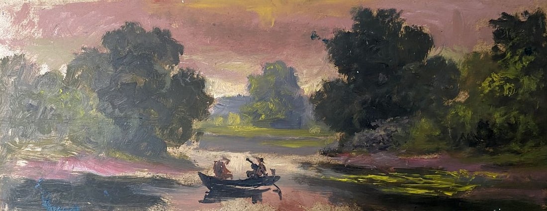 Oil painting Evening on the river Alexander Arkadievich Litvinov: NoLitv 36AAA *** ABOUT THIS PAINTING *** * TITLE: "Evening on the river" * ARTISTS: Alexander Arkadievich Litvinov * SIZE: 41.5x16.5 cm/'16.33x6.49 inches' * MEDIUM: oil, cardboard * HAND PAINTED: