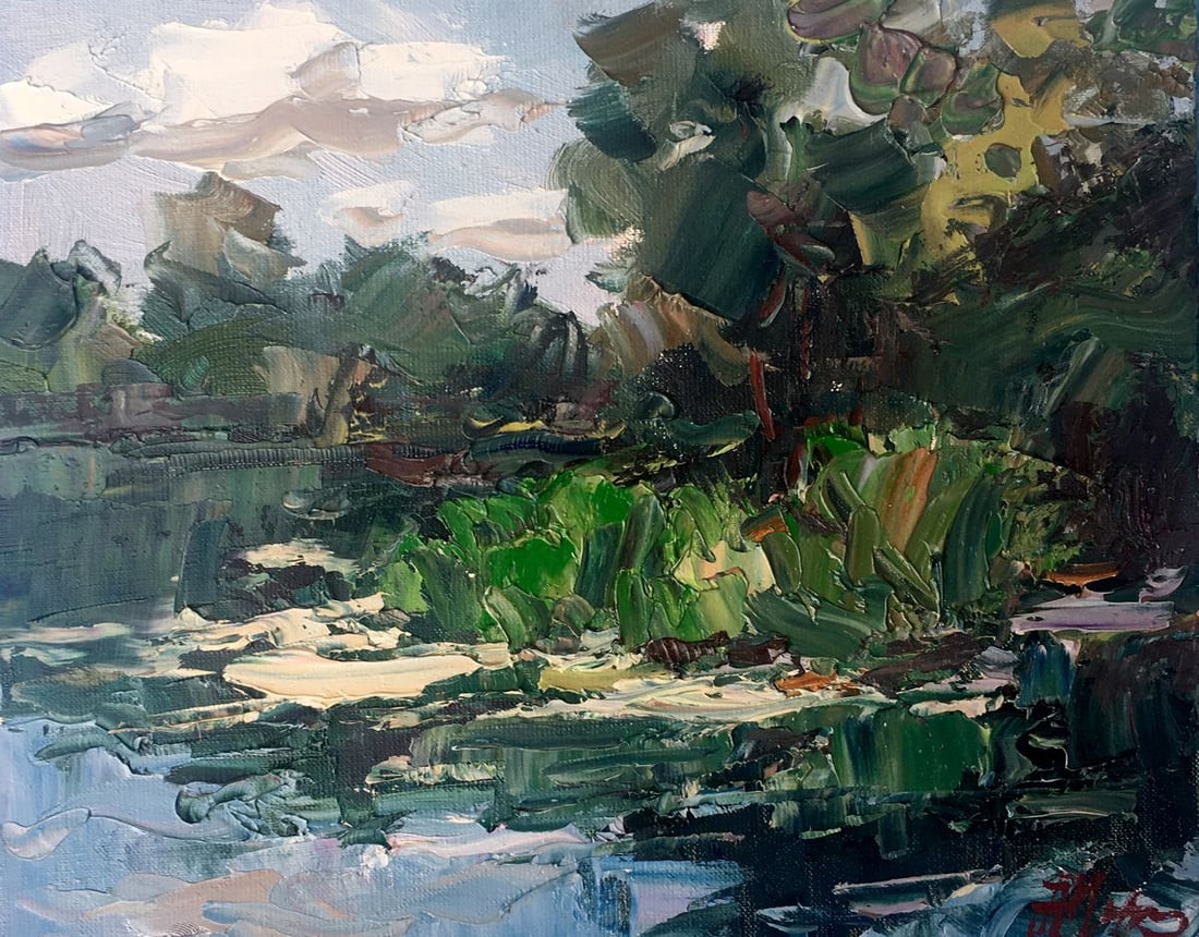 Oil painting River in the forest Alexander Nikolaevich Cherednichenko: NoAAA2457 *** ABOUT THIS PAINTING *** * TITLE: "River in the forest" * ARTISTS: Alexander Nikolaevich Cherednichenko * SIZE: 18x22 cm/'7.08x8.66 inches' * MEDIUM: oil, canvas * HAND PAINTED: Original 