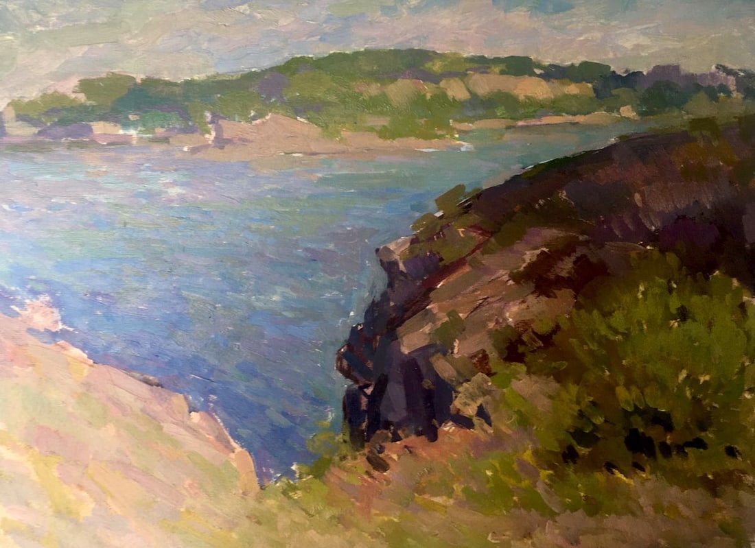 Oil painting River along the rocky shore Peter Tovpev: NoAAA2468 *** ABOUT THIS PAINTING *** * TITLE: "River along the rocky shore" * ARTISTS: Peter Tovpev * SIZE: 47.5x35.5 cm/'18.70x13.97 inches' * MEDIUM: oil, cardboard * HAND PAINTED: Original