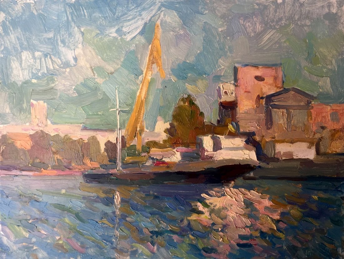 Oil painting City port Peter Tovpev: NoAAA2480 *** ABOUT THIS PAINTING *** * TITLE: "City port" * ARTISTS: Peter Tovpev * SIZE: 38x29 cm/'14.96x11.41 inches' * MEDIUM: oil, cardboard * HAND PAINTED: Original painting from our collection 