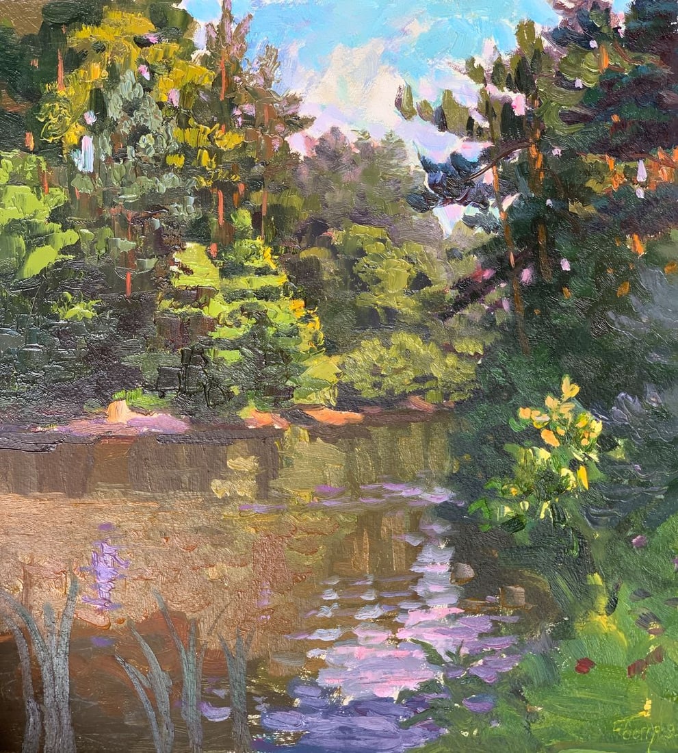Oil painting On midday Batrakov Vladimir Grigorievich: NoAAA2014 Looking at "On Midday", you can feel the warmth of the sun and the freshness of the air. The river is peaceful and serene, while the forest on the banks provides a natural and calming settin