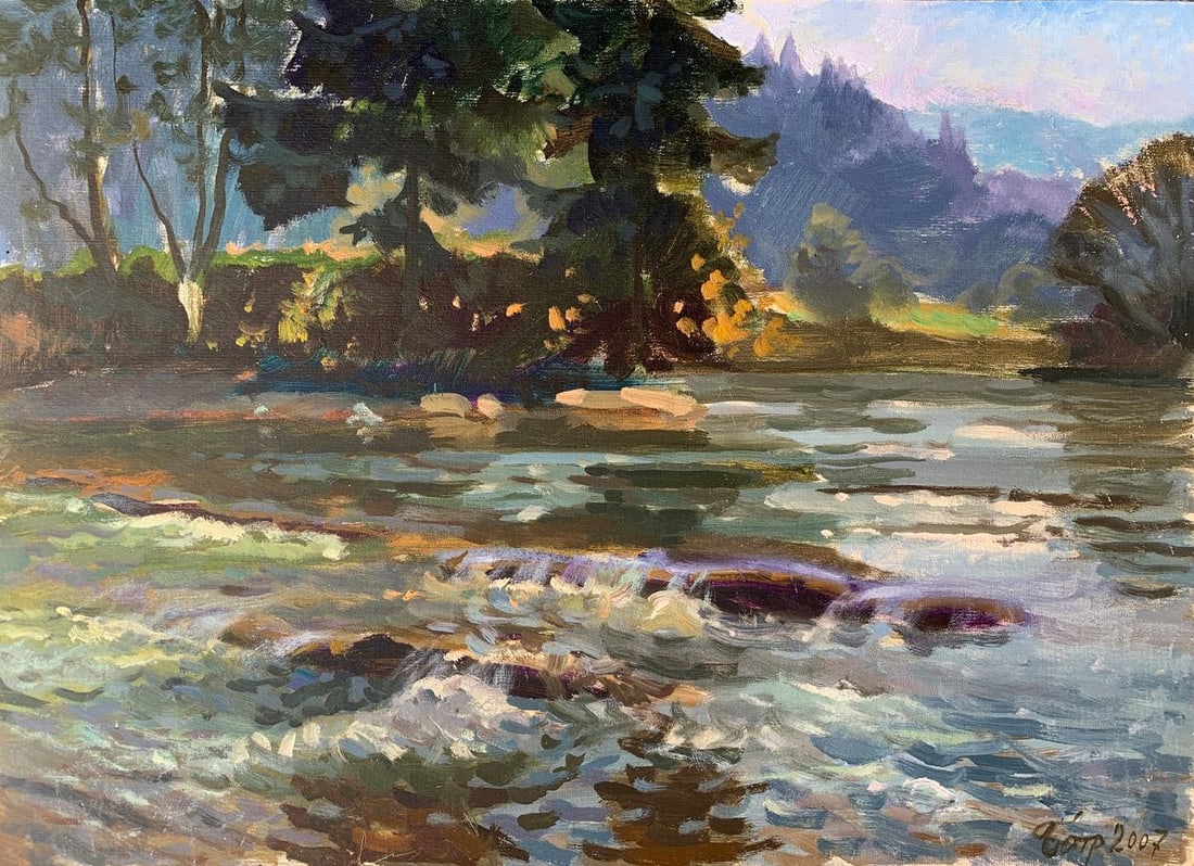 Oil painting River walk Batrakov Vladimir Grigorievich: NoAAA2023 Looking at this oil painting, you can almost hear the rushing mountain river and feel the spray of the water on your face. The artist has captured the power and majesty of nature in all its 