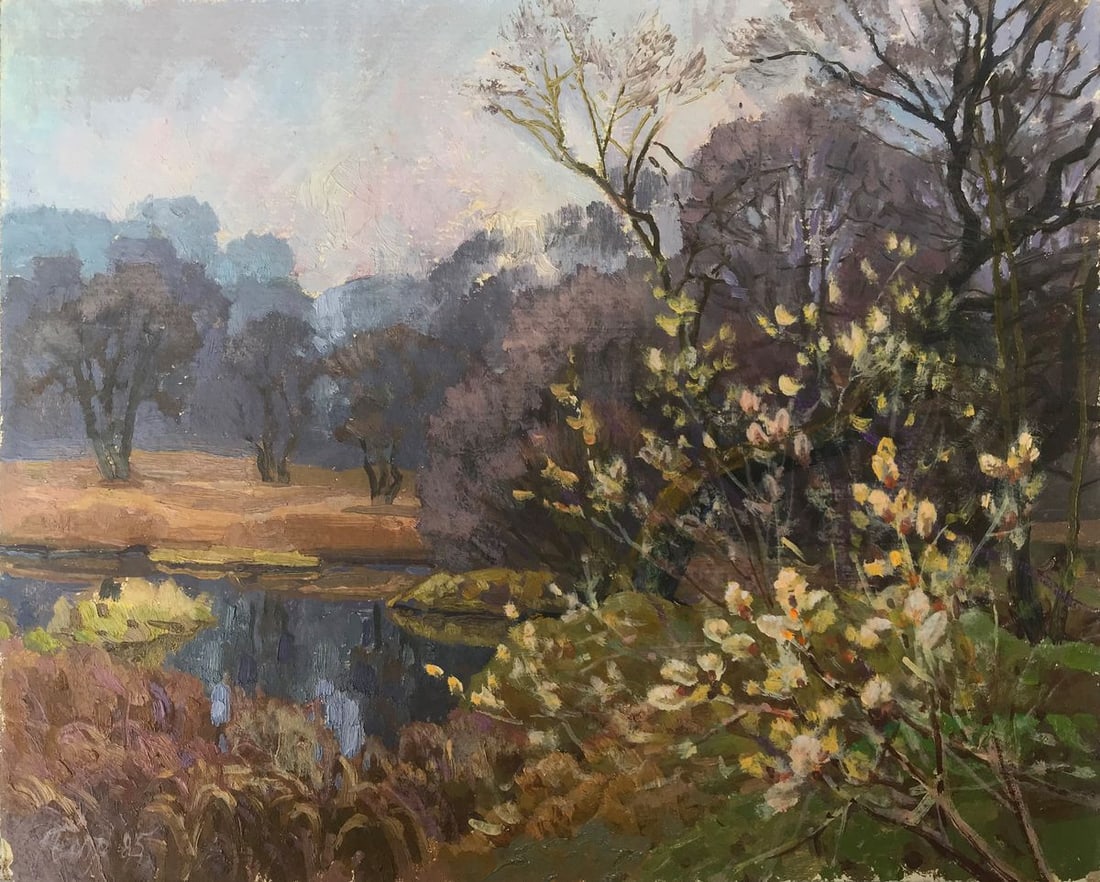 Oil painting Spring motif Batrakov Vladimir Grigorievich: NoAAA2031 The oil painting "Spring motif" is a beautiful and serene work of art that captures the essence of springtime. The painting depicts a tranquil pond surrounded by a blooming garden, with gent