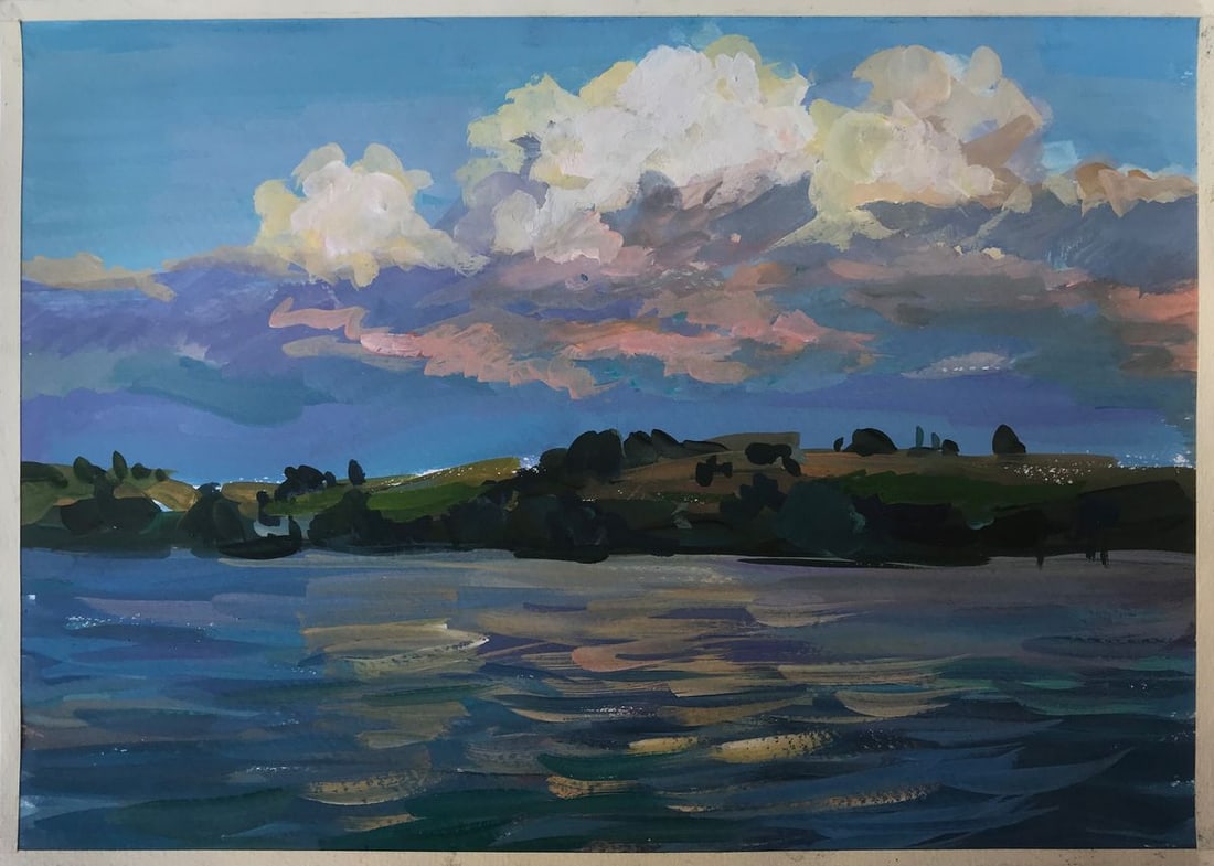 Oil painting Dnieper Ogienko N.: NoAAA2113 This beautiful oil painting, titled "Dnieper", is a truly stunning work of art. The vast river Dnieper flows through the green hills, with fluffy white clouds drifting overhead. It's a peace
