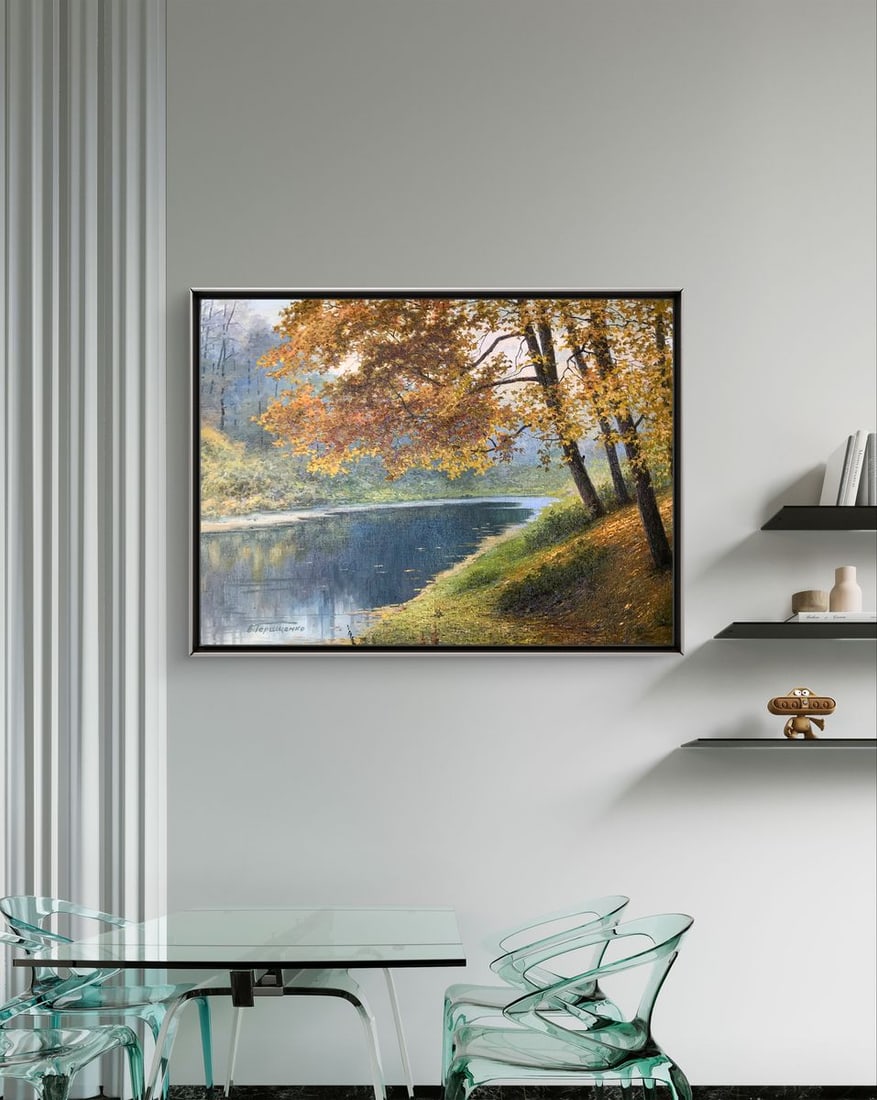 Oil painting Wonderful outdoor recreation Gerashchenko Volodymyr Fedorovich: NoAAA2147 This oil painting, titled "Wonderful outdoor recreation", depicts a beautiful autumn scene. The forest pond is gently sloping and the shore is lined with autumn leaves. The trees above the w