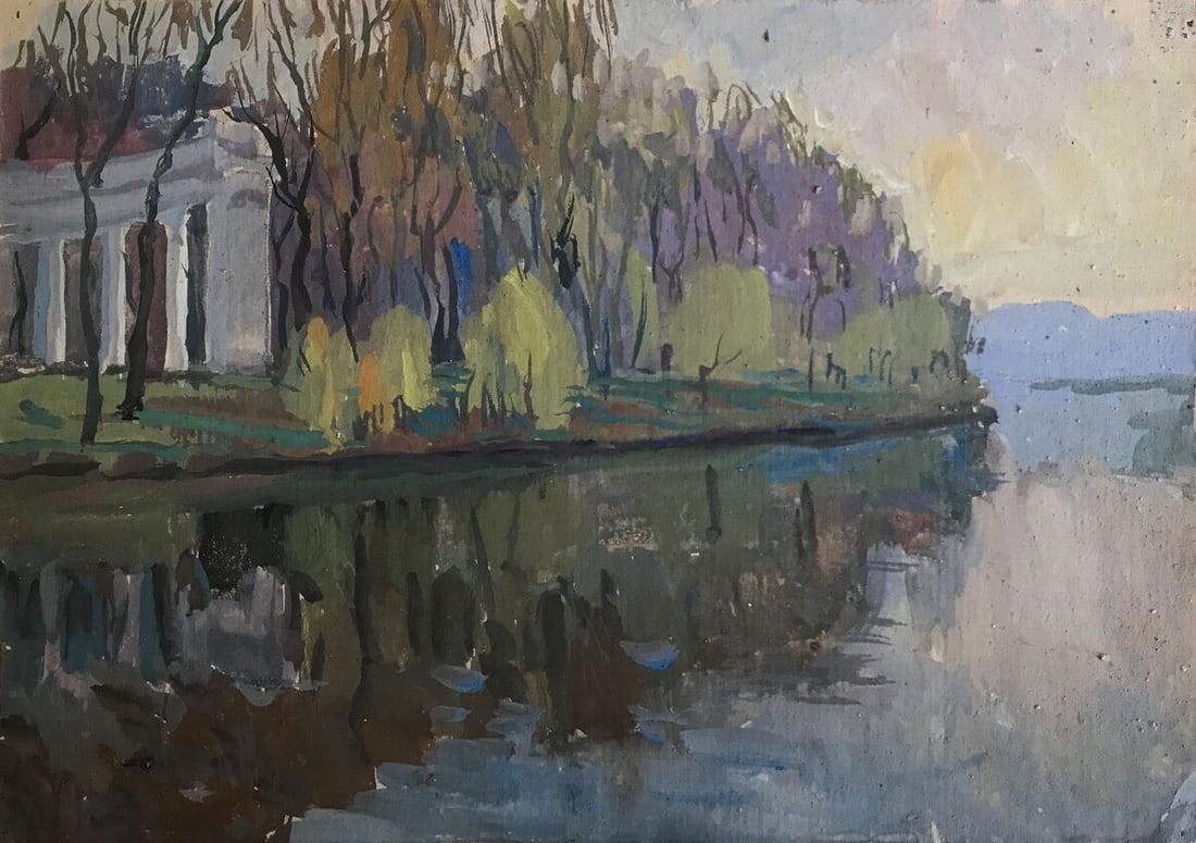 Tempera painting Park by the river Unknown artist: NoAAA2151 Looking for a stunning painting that will add a touch of elegance to your home? "Park by the river" is the perfect choice! This beautiful painting features a peaceful city park, with a