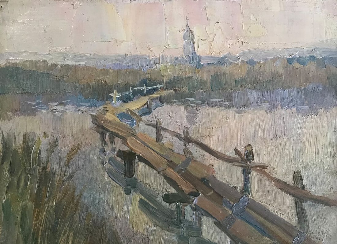 Oil painting Road to the village Unknown artist: NoAAA2153 Looking for a charming addition to your home decor? Check out this beautiful oil painting, titled "Road to the village." It features a serene rural scene, with a small river winding its way