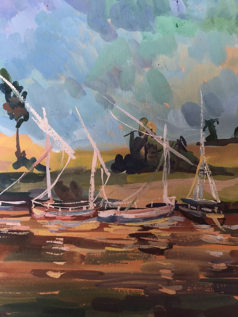 Tempera painting Boats on the shore Unknown artist - 7