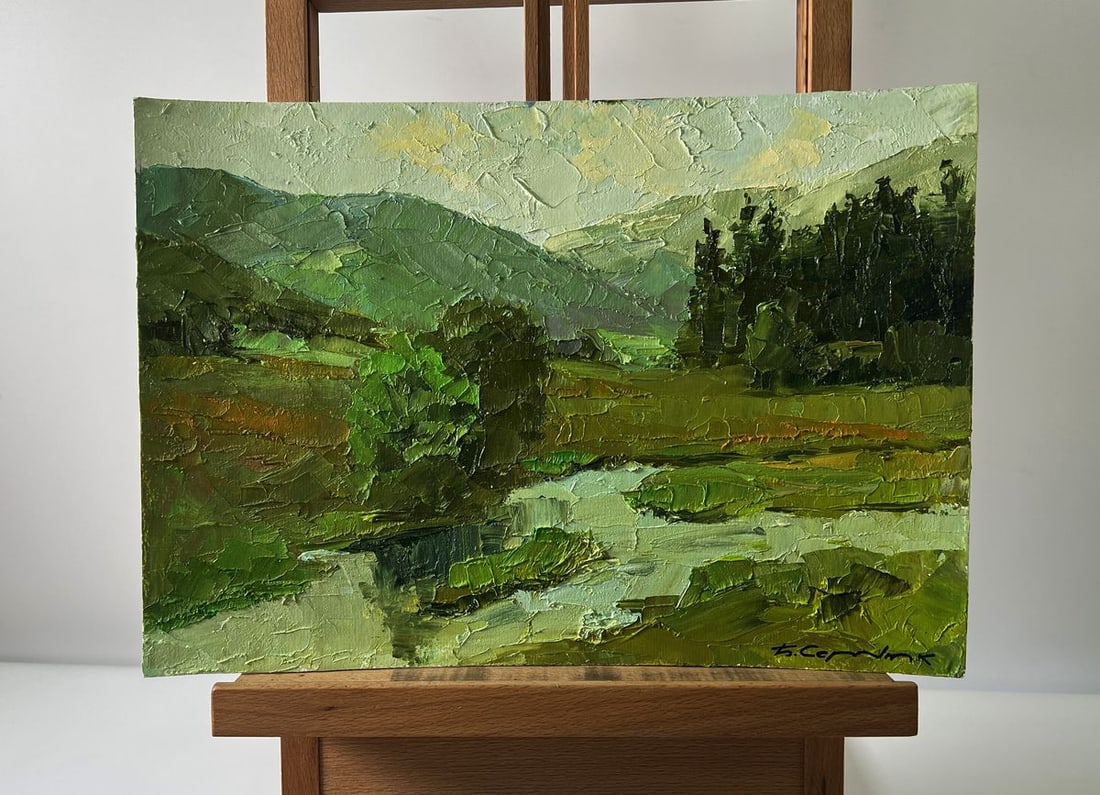 Oil painting Mountain nature Boris Serdyuk: NoAAA5723The Oil painting Cardboard titled "Mountain nature" portrays the eternal beauty of a mountainous landscape, where the richness of natural tones and textures combines to create an atmosphere o