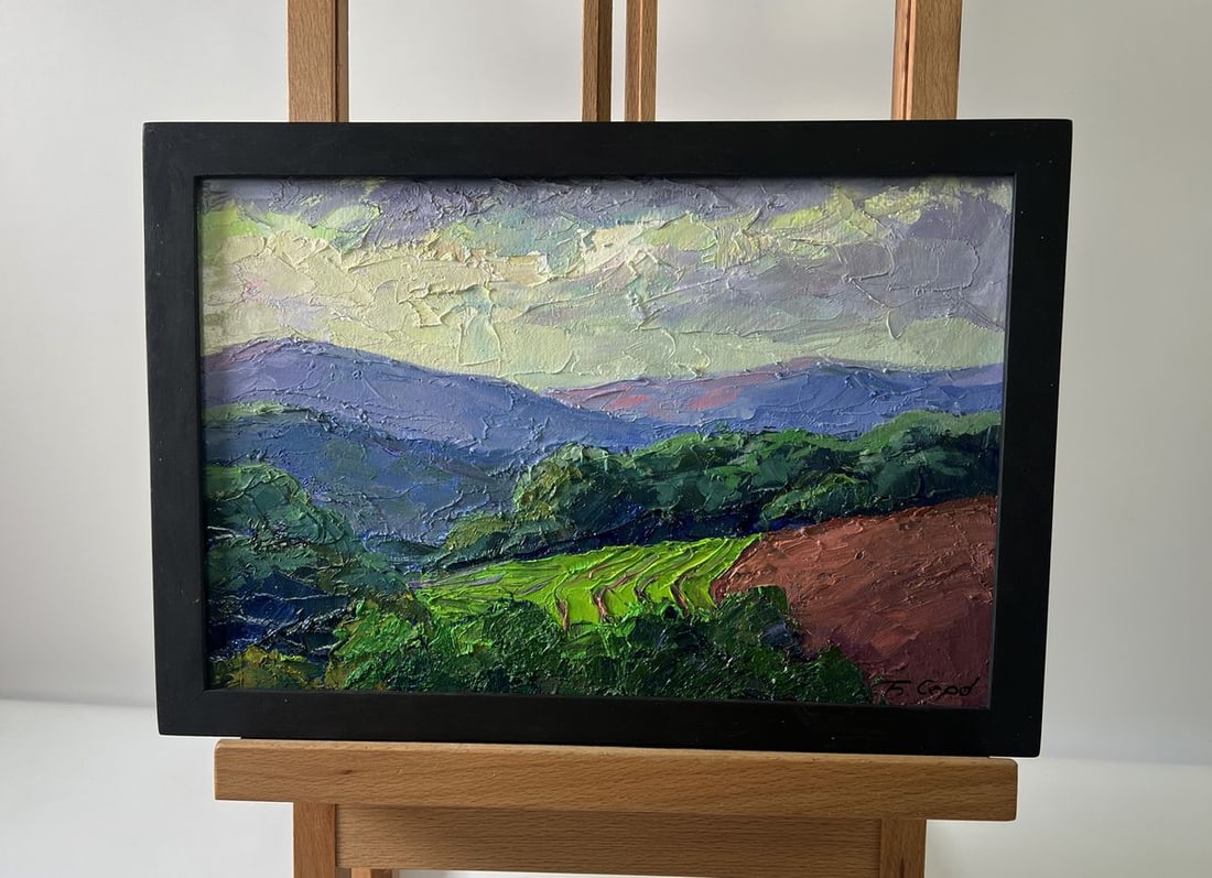 Oil painting Mountain sunset Boris Serdyuk: NoAAA5733The Oil painting Cardboard titled "Mountain sunset" radiates the beauty and serenity of nature captured at a fleeting moment when daylight begins to fade, and the mountains are bathed in a pa