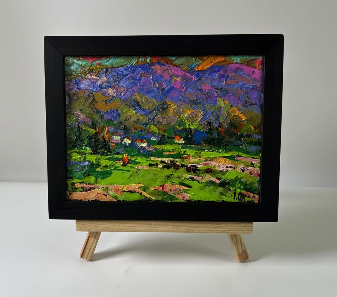 Oil painting Rural mountains Oleksiy Ivanyuk: NoAAA5817The Oil painting Canvas titled "Rural mountains" captures the essence of village life set against the breathtaking backdrop of towering peaks. The painting radiates energy and vibrancy throug