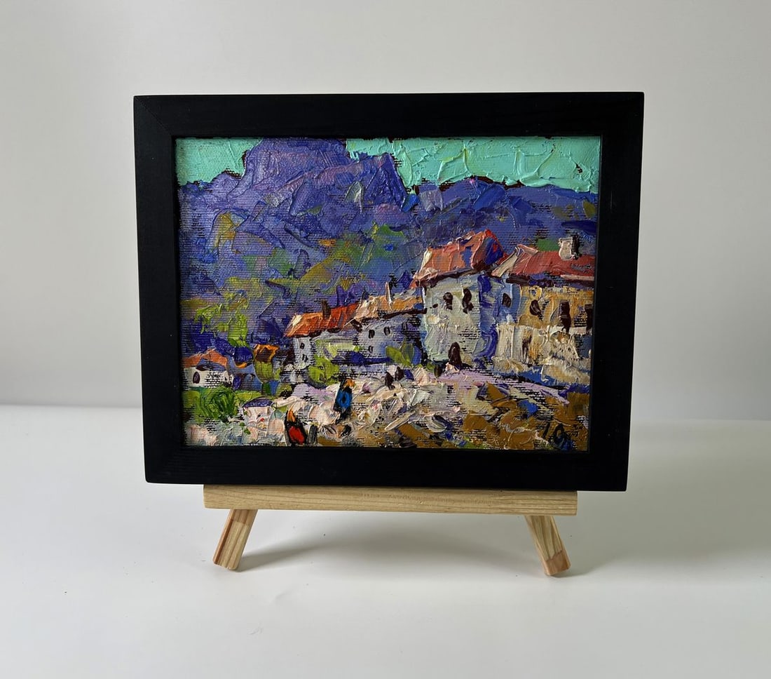 Oil painting Blue mountains Oleksiy Ivanyuk: NoAAA5818The Oil painting Canvas titled "Blue mountains" captures the serene beauty and timeless strength of a mountain village, nestled at the foot of majestic peaks. The composition radiates an atmo