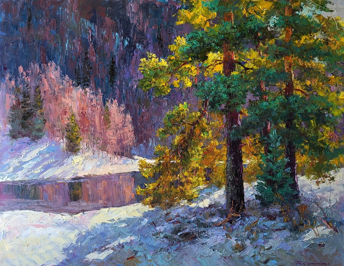 Oil painting It snowed in the mountains Boris Serdyuk: NoSERB 1226The Oil painting Canvas titled "It snowed in the mountains" captures the breathtaking stillness and luminous poetry of a winter landscape freshly veiled in snow. The composition opens onto 