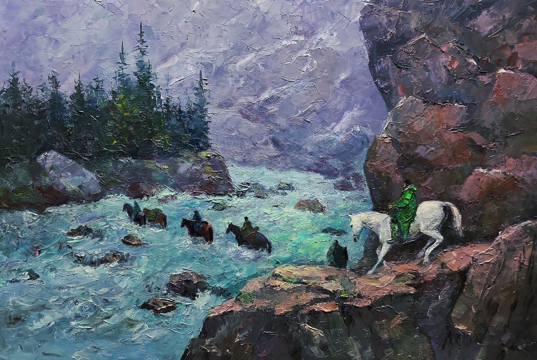 Oil painting Dangerous stream in the mountains Boris Serdyuk: NoSERB 1232The Oil painting Canvas titled "Dangerous stream in the mountains" captures a breathtaking and dramatic moment in nature, where the untamed power of water collides with the courage and dete