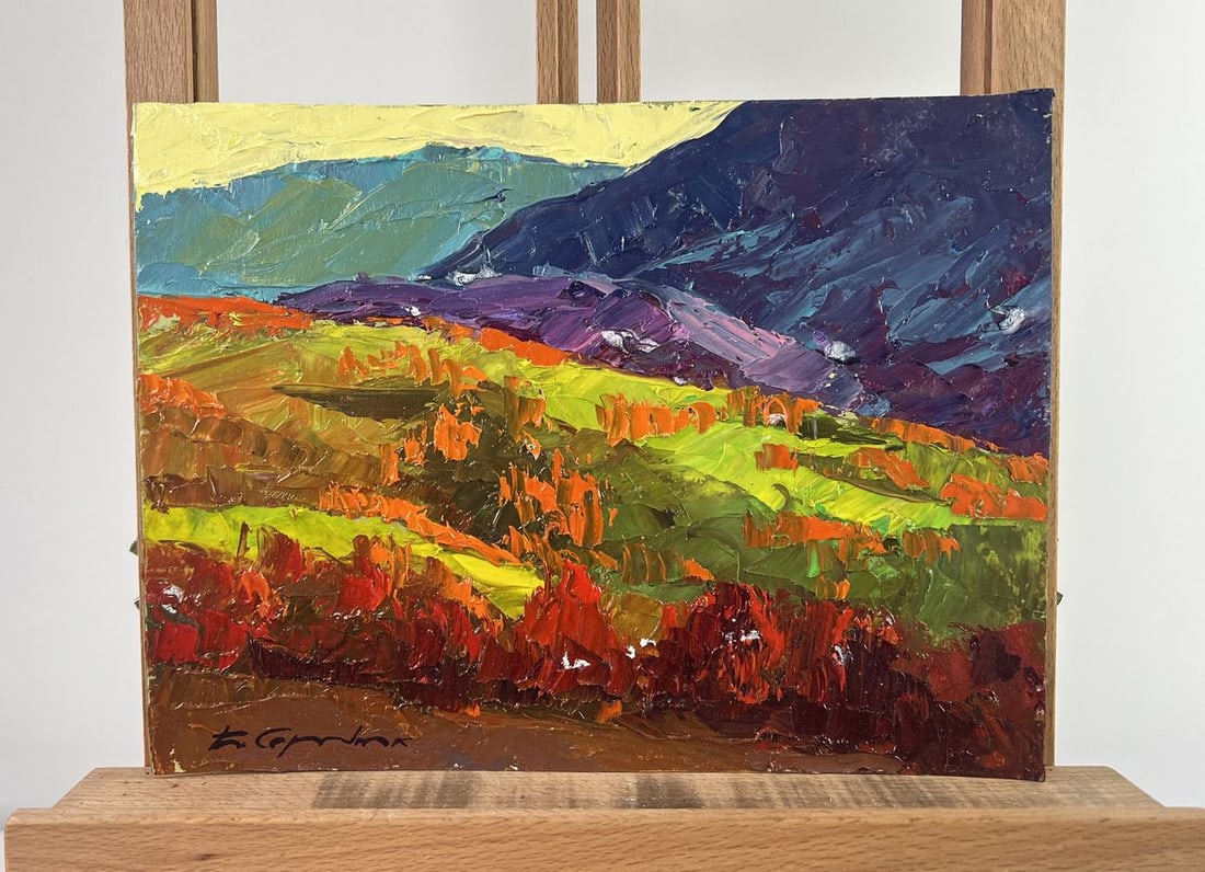 Oil painting Flame of leaves in the autumn wind Boris Serdyuk: NoAAA4784The oil painting on Cardboard titled "Flame of Leaves in the Autumn Wind" captures the vibrant and passionate essence of autumn as it sweeps across the landscape. The artist has skillfully us