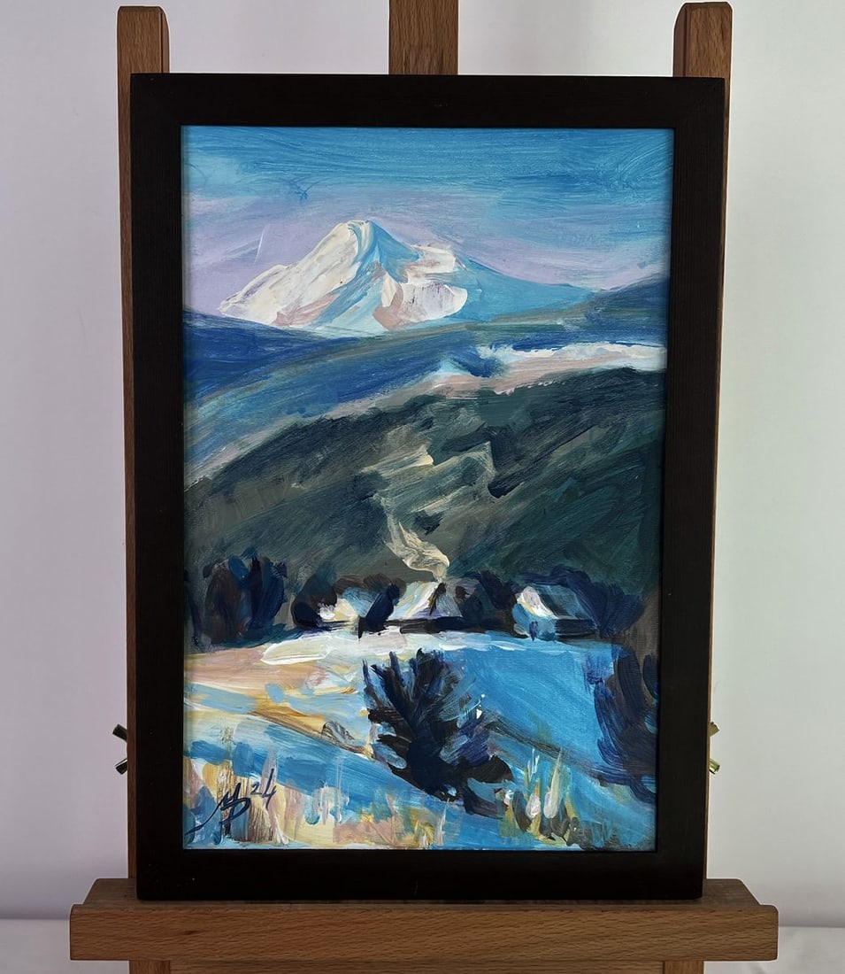 Acrylic painting Winter warm comfort Mykhailo Patskan: NoAAA4822The acrylic painting on cardboard titled "Winter Warm Comfort" captures the serene beauty of a remote mountain village nestled in the embrace of a majestic, snow-capped peak. The painting is 