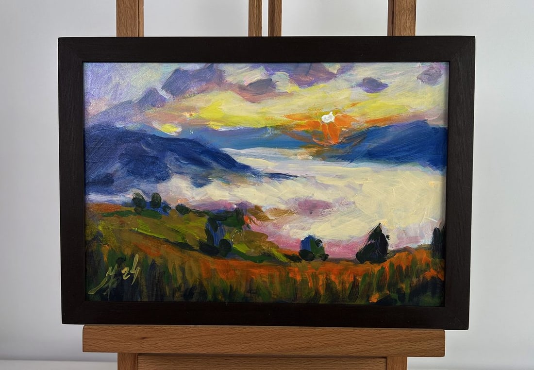 Acrylic painting Fog in the mountain valley Mykhailo Patskan: NoAAA4825The acrylic painting on cardboard titled "Fog in the Mountain Valley" captures a breathtaking moment where nature's elements merge in a delicate and atmospheric interplay. The composition