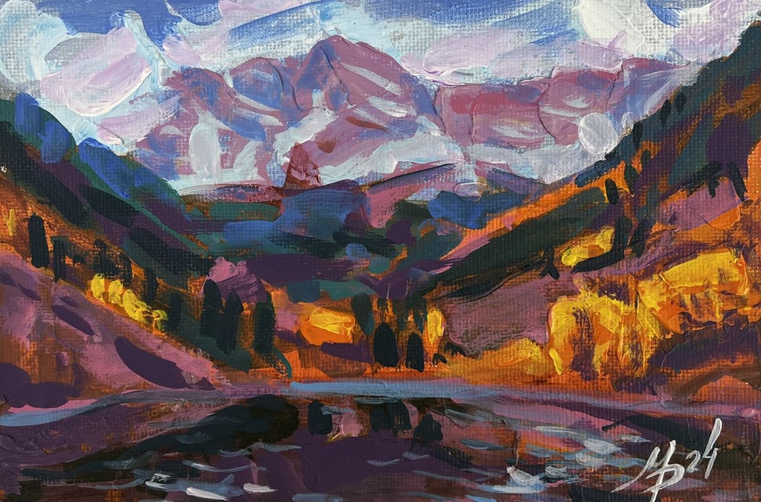 Acrylic painting Relaxation in a mountain lake Mykhailo Patskan - 3