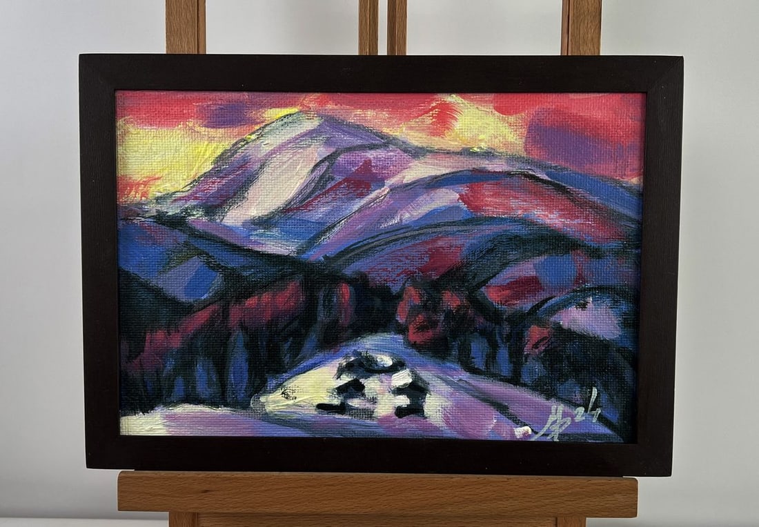 Acrylic painting Pink sunset behind the mountains Mykhailo Patskan: NoAAA4903The acrylic painting on cardboard titled "Pink Sunset Behind the Mountains" captures the quiet grandeur and emotive resonance of nature during its most ephemeral and magical moment-the waning