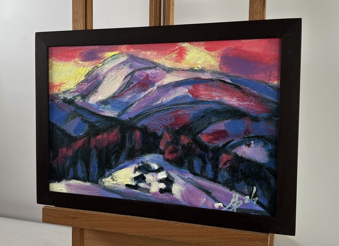 Acrylic painting Pink sunset behind the mountains Mykhailo Patskan - 2