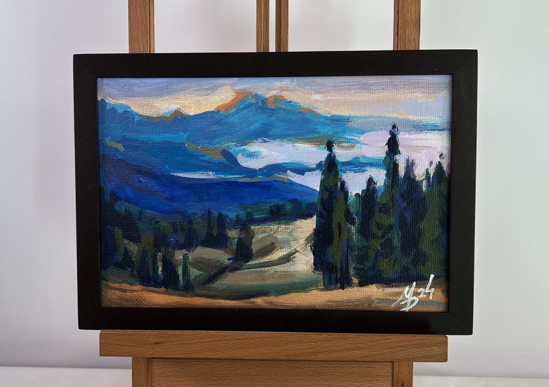 Acrylic painting Summer mountain beauties Mykhailo Patskan: NoAAA4918The acrylic painting on cardboard titled "Summer Mountain Beauties" offers a serene and captivating portrayal of a mountain landscape during the height of summer. Rich with layered hues and e