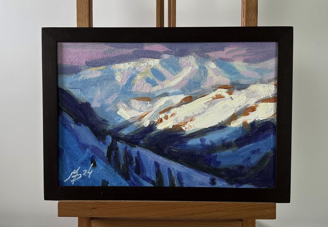 Acrylic painting Snow capped mountain peaks Mykhailo Patskan: NoAAA4924The acrylic painting on cardboard titled "Snow-capped Mountain Peaks" captures the ethereal grandeur of high-altitude landscapes, where the natural world stands still in silent majesty. This