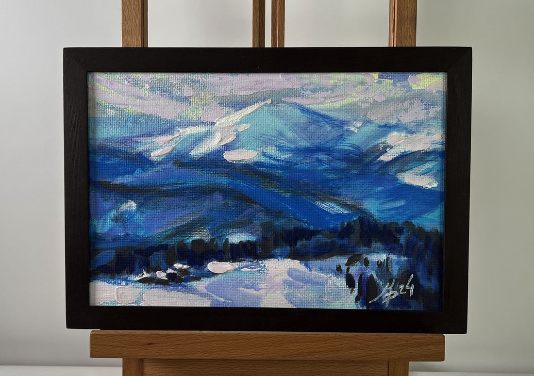 Acrylic painting Winter ski resort Mykhailo Patskan: NoAAA4930The acrylic painting on cardboard titled "Winter Ski Resort" captures the invigorating essence of a snowy alpine landscape, filled with movement, crisp air, and the serene power of towering p