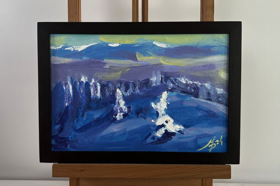 Acrylic painting Winter fog descended Mykhailo Patskan: NoAAA4940The acrylic painting on cardboard titled "Winter Fog Descended" captures a hauntingly beautiful winter moment when nature is cloaked in silence and mystery. The entire landscape is veiled in 