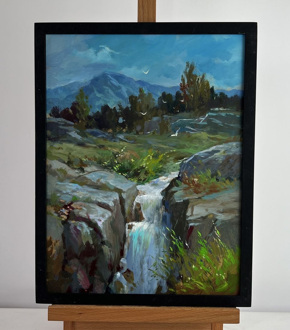 Oil painting Mountain waterfall Yuriy Suprunchuk: NoAAA4990This oil painting on cardboard titled "Mountain Waterfall" immerses the viewer in the untamed serenity of a highland landscape, where the elements of earth, water, and sky harmonize in a mome