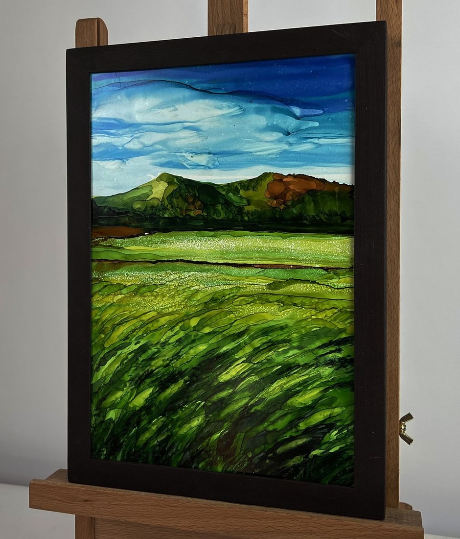 Ink painting Green fields near the mountain Olga Ponomaryova - 2
