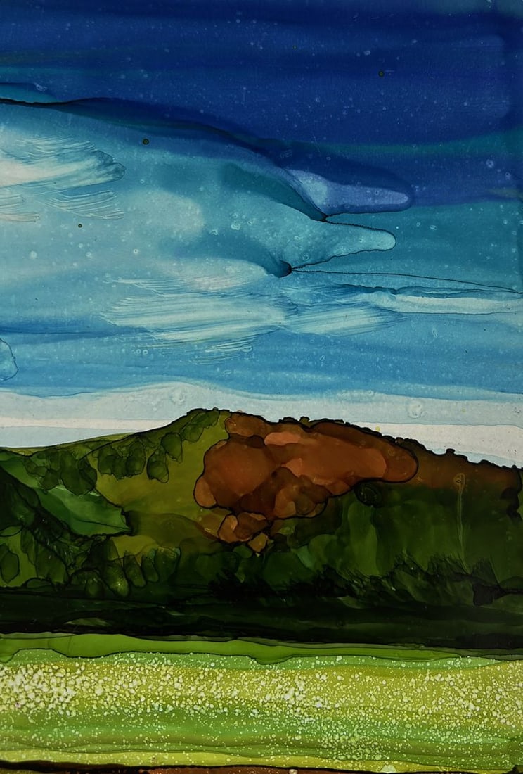 Ink painting Green fields near the mountain Olga Ponomaryova - 4