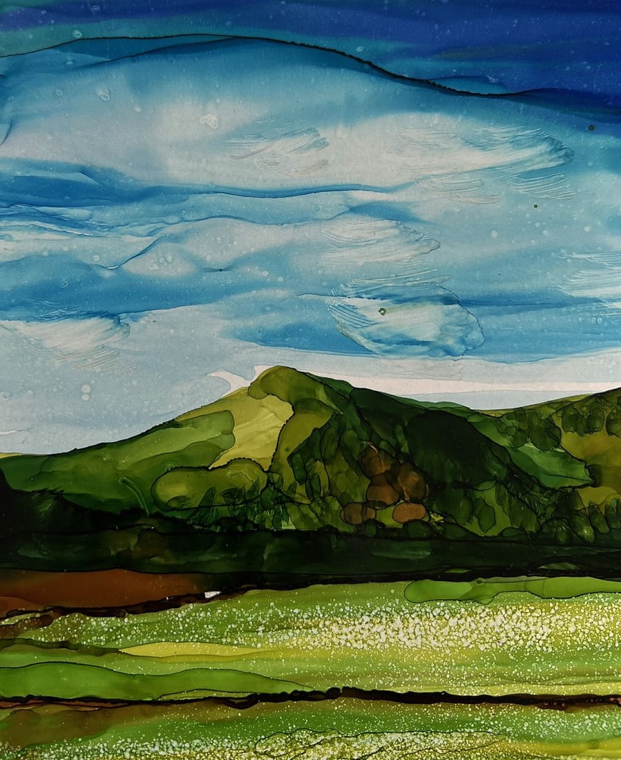 Ink painting Green fields near the mountain Olga Ponomaryova - 5