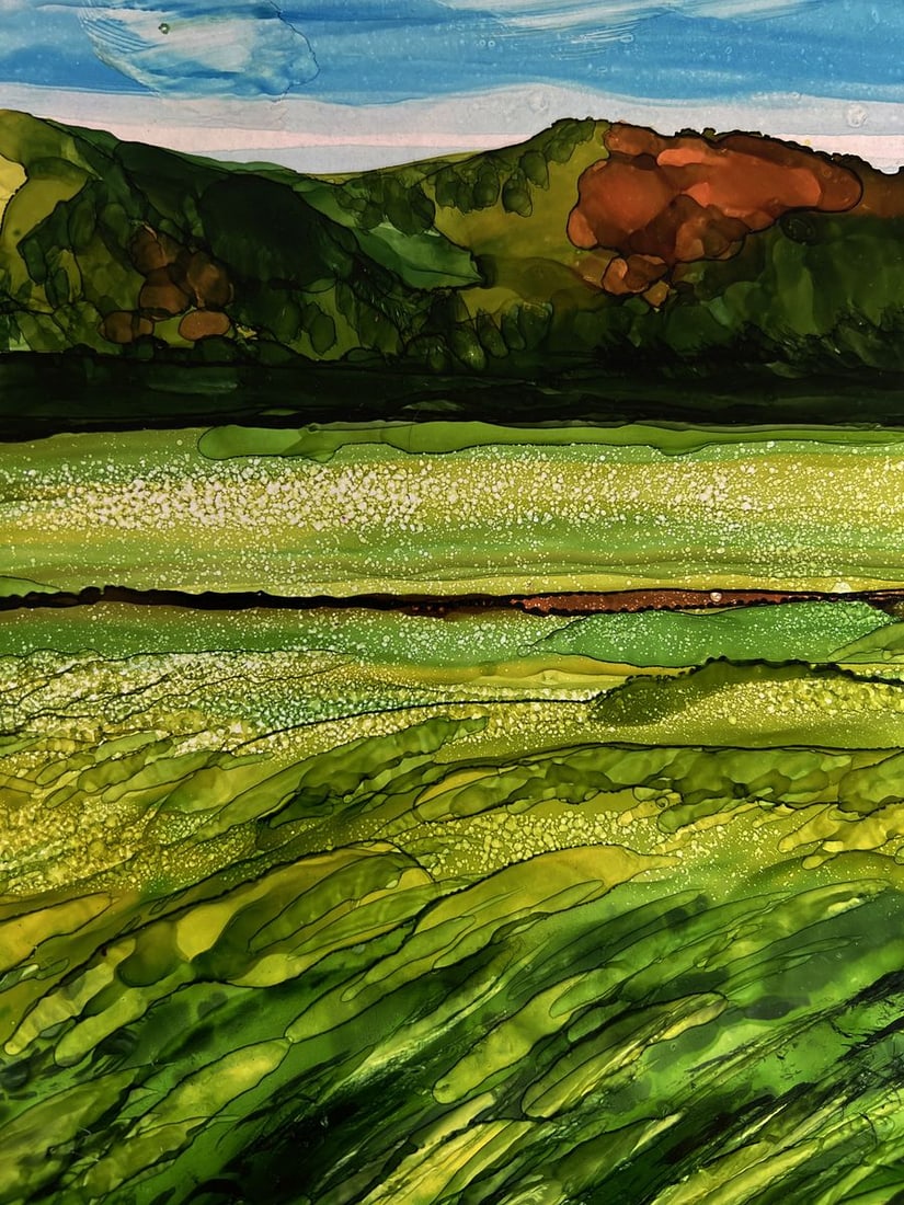 Ink painting Green fields near the mountain Olga Ponomaryova - 6