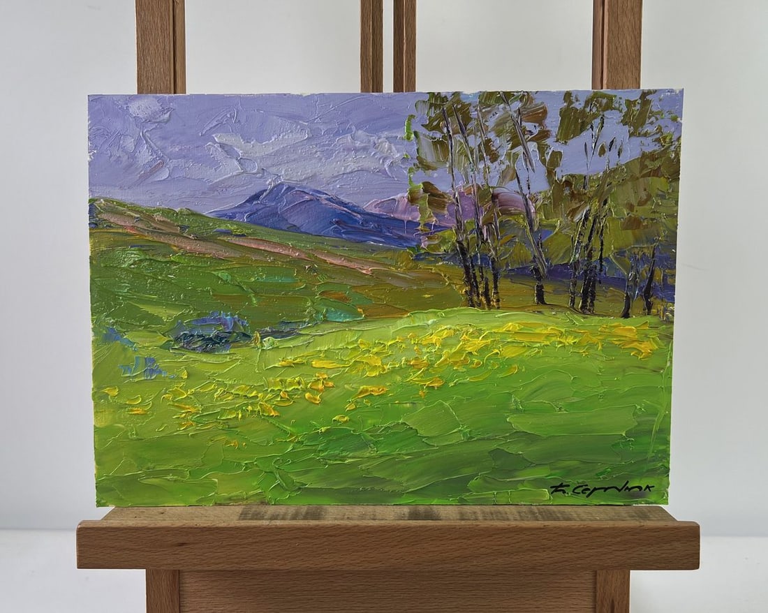 Oil painting Mountain flower fields Boris Serdyuk: NoAAA5326The oil painting on Cardboard titled "Mountain Flower Fields" captures the vibrant and untamed beauty of an alpine landscape, where nature is shown in its purest and most invigorating form. E