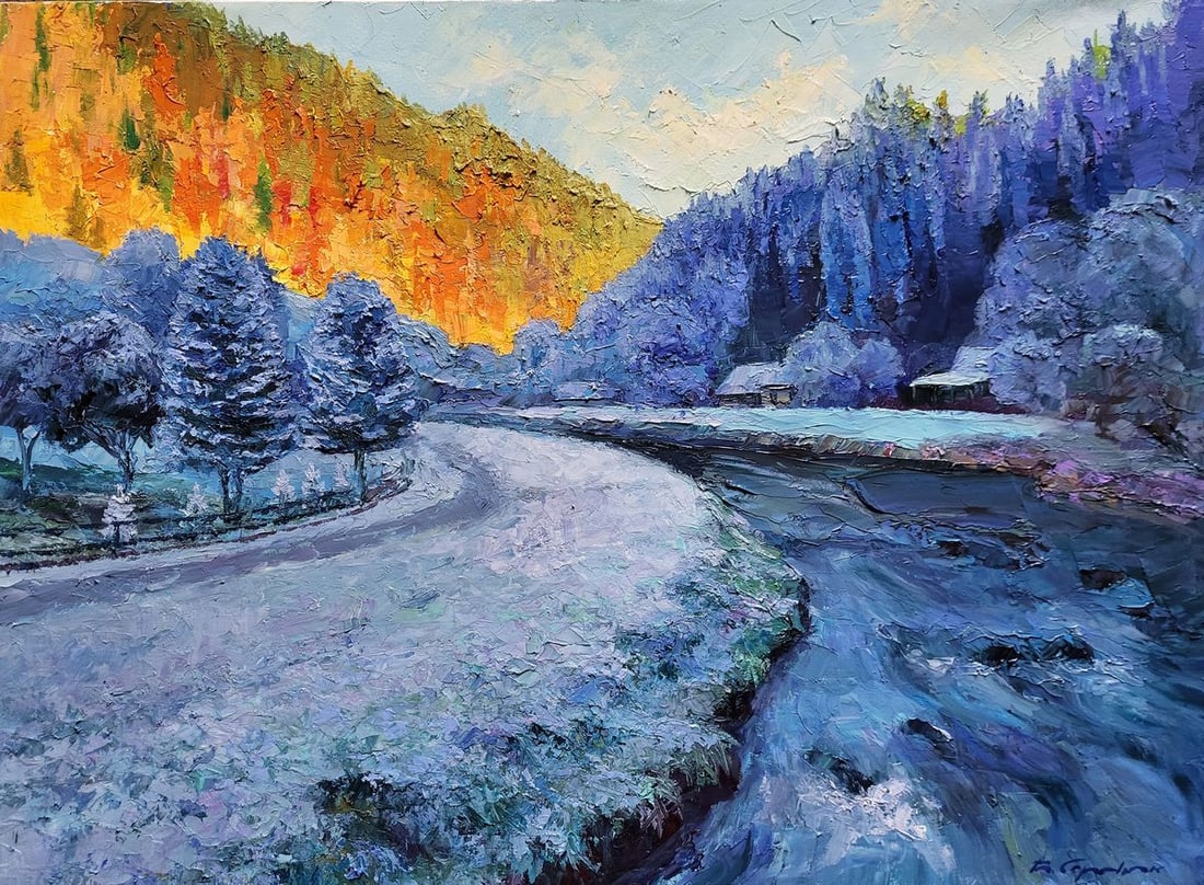 Oil painting Morning frost Boris Serdyuk: NoSERB 1057"Morning Frost" is an evocative oil painting that captures a serene winter landscape, bathed in the cool, crisp light of early dawn. The artist has masterfully depicted a moment when the fi