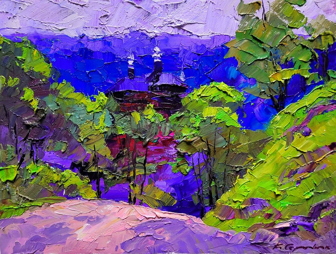 Oil painting Mountain motif Boris Serdyuk: NoSERB 1113The painting titled "Mountain Motif" captures a picturesque and colorful scene in the mountains, focusing on a rustic house nestled amidst lush greenery. The composition draws the viewer's 