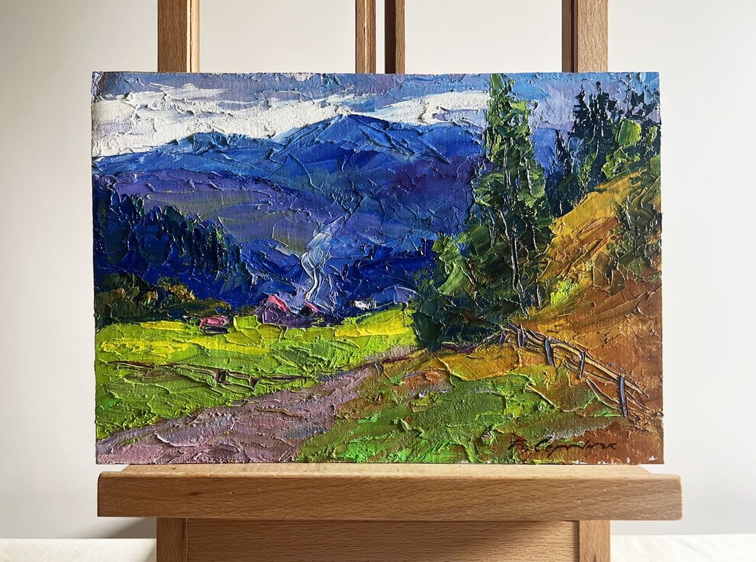 Oil painting Village in the mountains Boris Serdyuk: NoAAA3730The oil painting on cardboard, titled "Village in the Mountains", beautifully captures the essence of a peaceful rural settlement nestled among towering peaks. The artist employs bold, textur