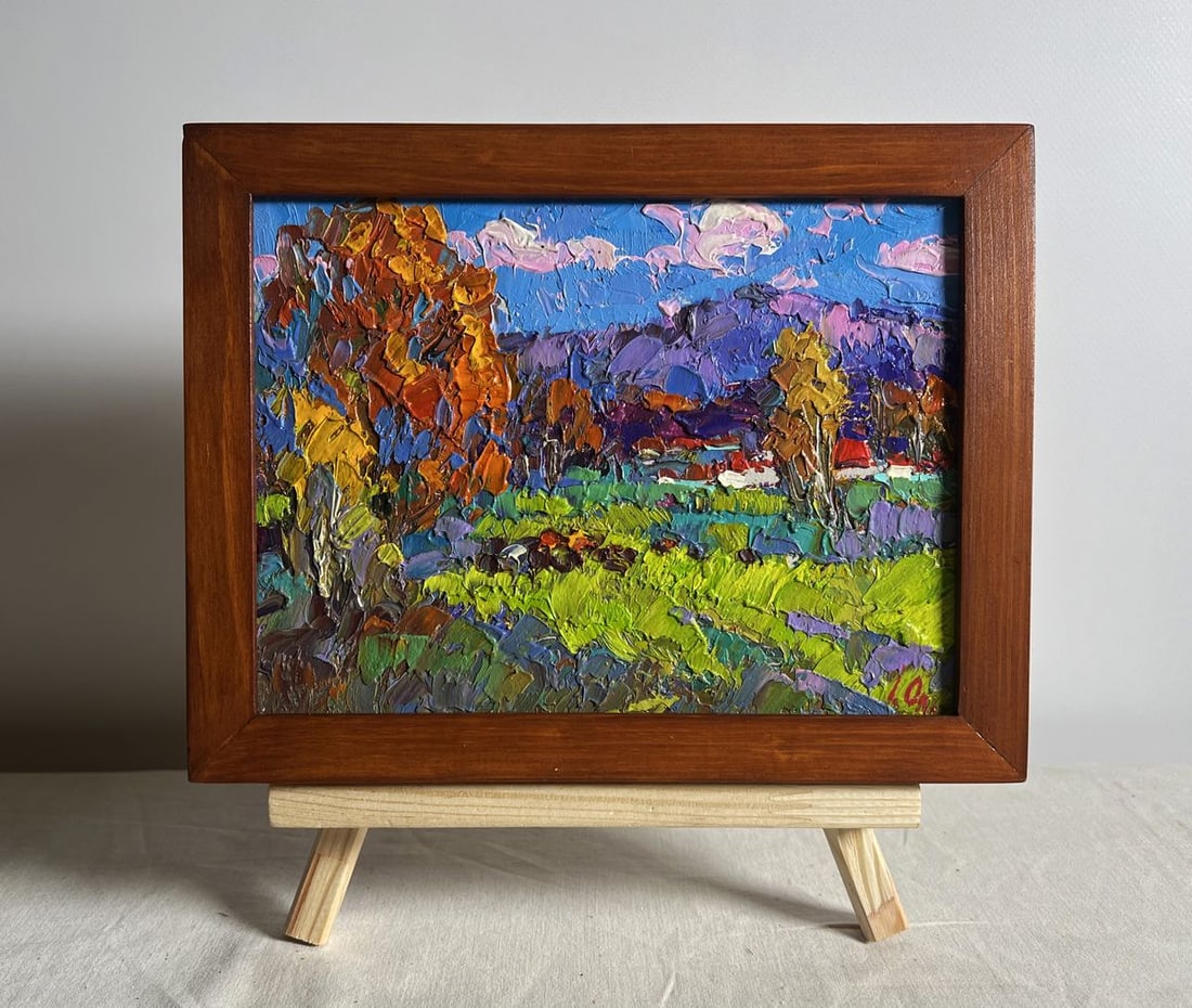 Oil painting Early in the morning in the field Alex Kalenyuk: NoAAA3864This oil painting cardboard, titled "Early in the morning in the field", the painting radiates warmth and energy, evoking the crisp air and the first golden rays of sunlight illuminating the 