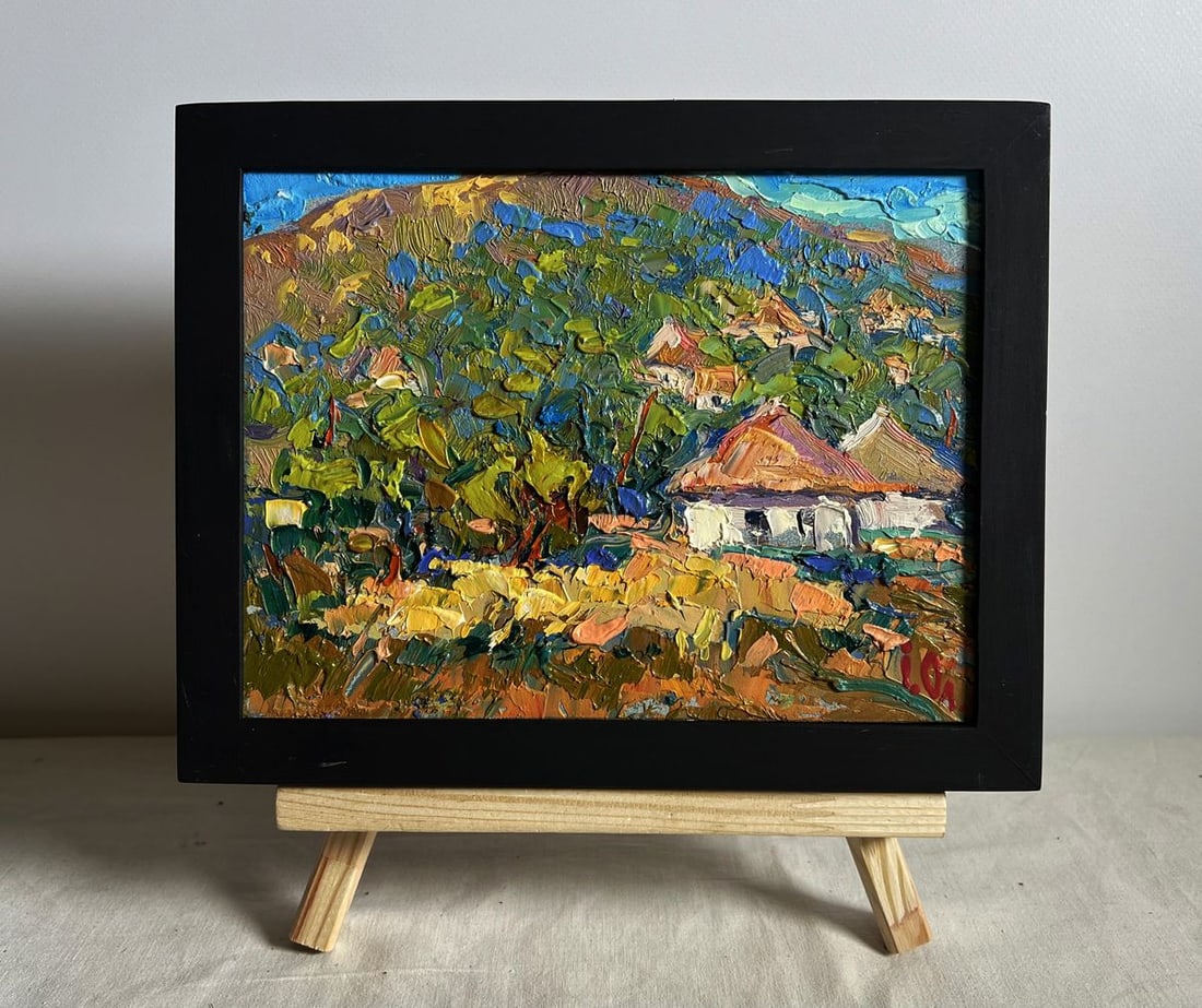 Oil painting There is a village under the mountain Alex Kalenyuk: NoAAA3962This oil painting cardboard, titled "There is a village under the mountain", the artist employs an expressive impasto technique, layering thick, textured strokes to create depth and movement.